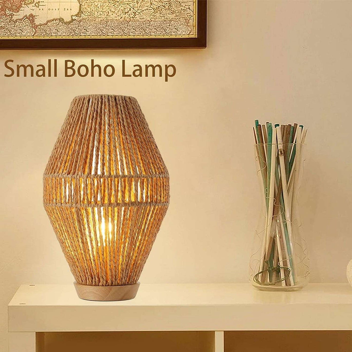 Boho Table Lamps for Bedroom,Small Natural Woven Bedside Lamp Paper String Nightstand Lamp Boho Couch Side Table Lamp Basket Lantern Good for Living Room Kids Room Nursery Room Cafe Bar Decor.