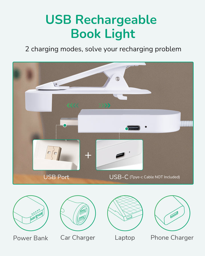 USB Rechargeable Dimmable Book Light with 3 Color Modes