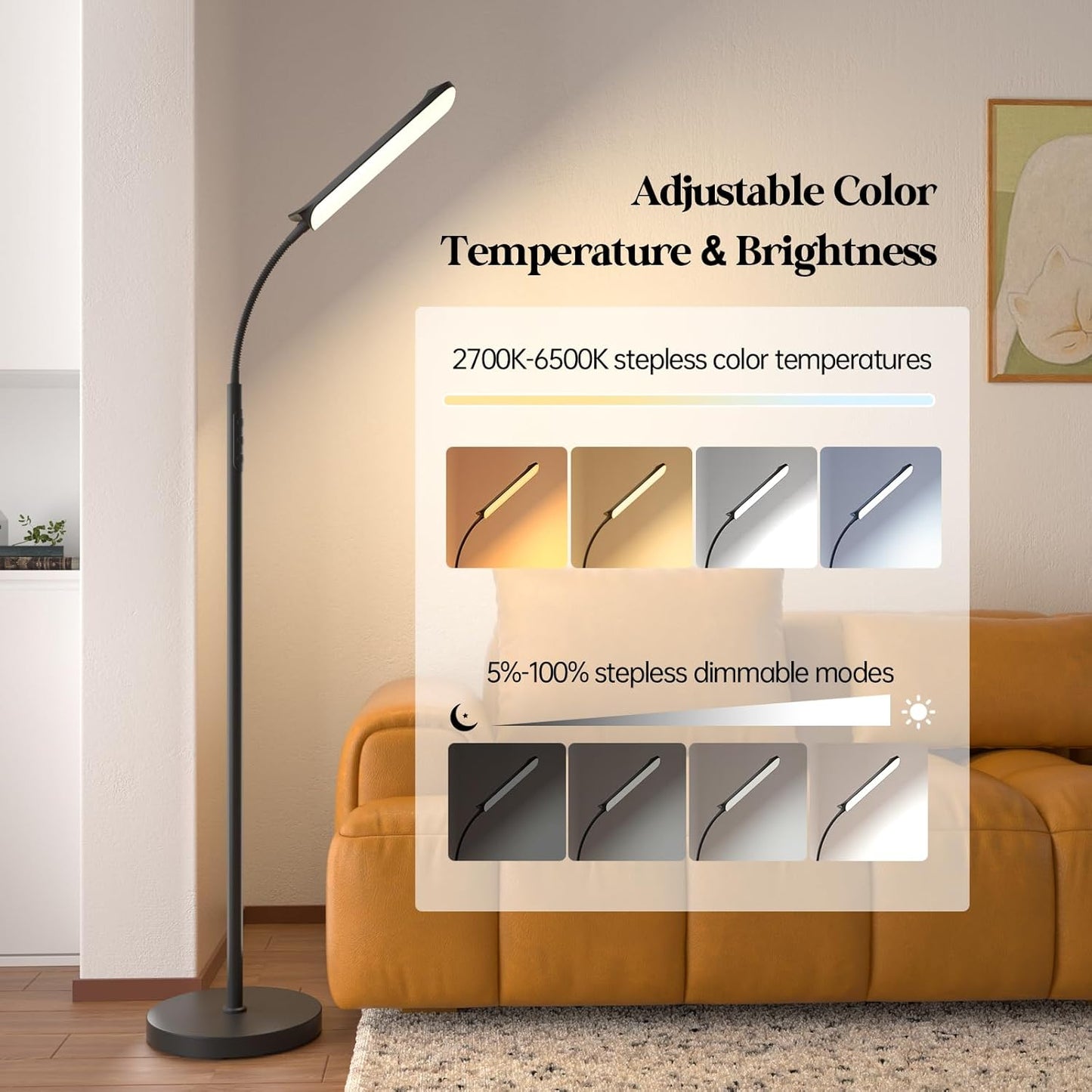 LED Floor Lamp, 18W Super Bright Floor Lamp for Living Room, Adjustable Stepless Colors & Brightness Gooseneck Standing Lamp, Eye Caring Reading Light with Remote& Touch Control for Bedroom Office