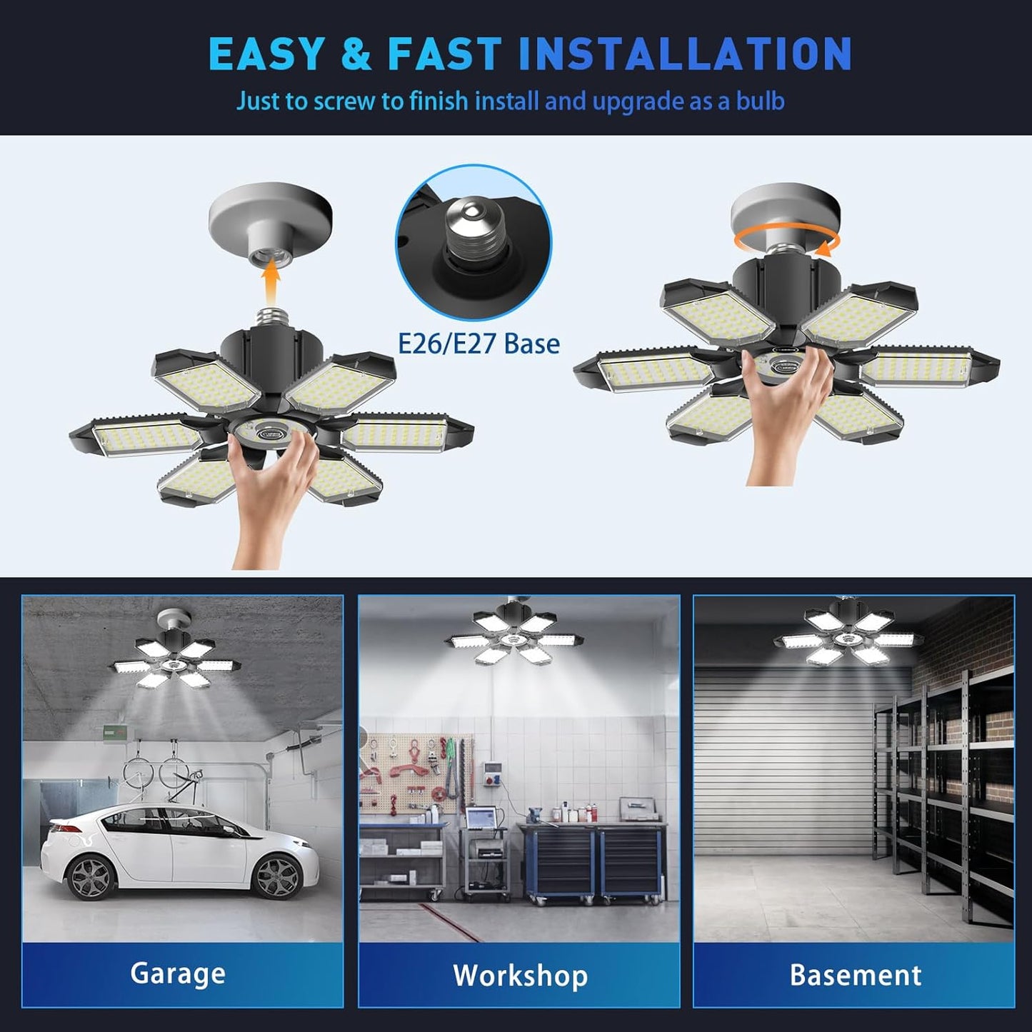 Adiding LED Garage Ceiling Light - 2 Pack Adjustable 20000lm Bright LED Basement Light 6 Deformable Panels 6500K Shop Lights Screw in E26 Bulb Socket for Workshop Storage Warehouse Attic Pole Barn Gym theluminousdecor