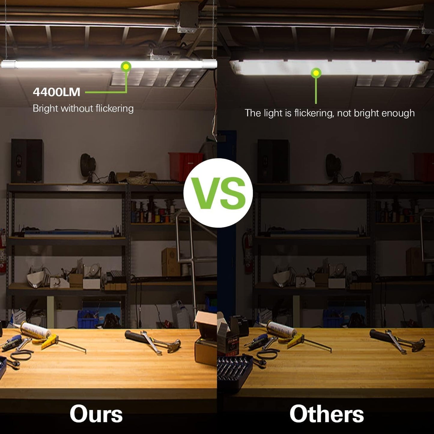 4 Pack 4FT LED Shop Light Linkable, 4400lm, 42w(250w Equivalent), 5000K Utility Shop Lights, Hanging or Flush Mount, with Power Cord and On/Off Switch (Sold Exclusively by Weize, other are Scammers) theluminousdecor