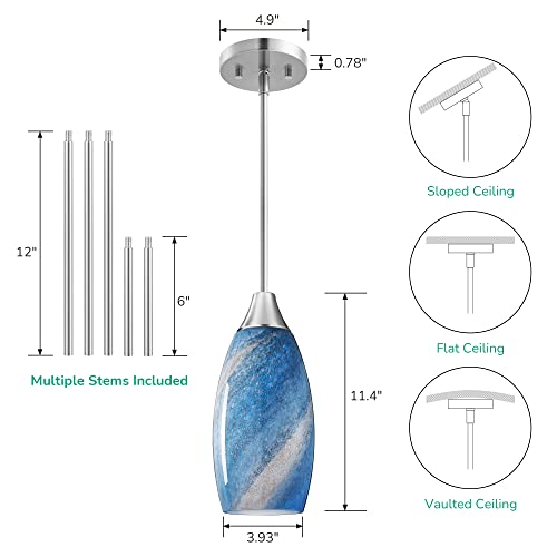 Handcrafted Art Glass Hanging Light, Adjustable Brushed Nickel Rods