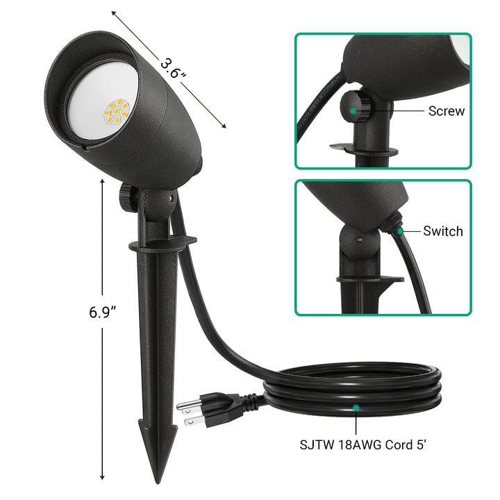 Waterproof Outdoor Spotlight 3000K 2-Level Dimmable (507lm 8.75W/263lm 4W) with 5ft Extension Cord-HGSL10A