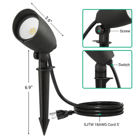 Waterproof Outdoor Spotlight 3000K 2-Level Dimmable (507lm 8.75W/263lm 4W) with 5ft Extension Cord-HGSL10A
