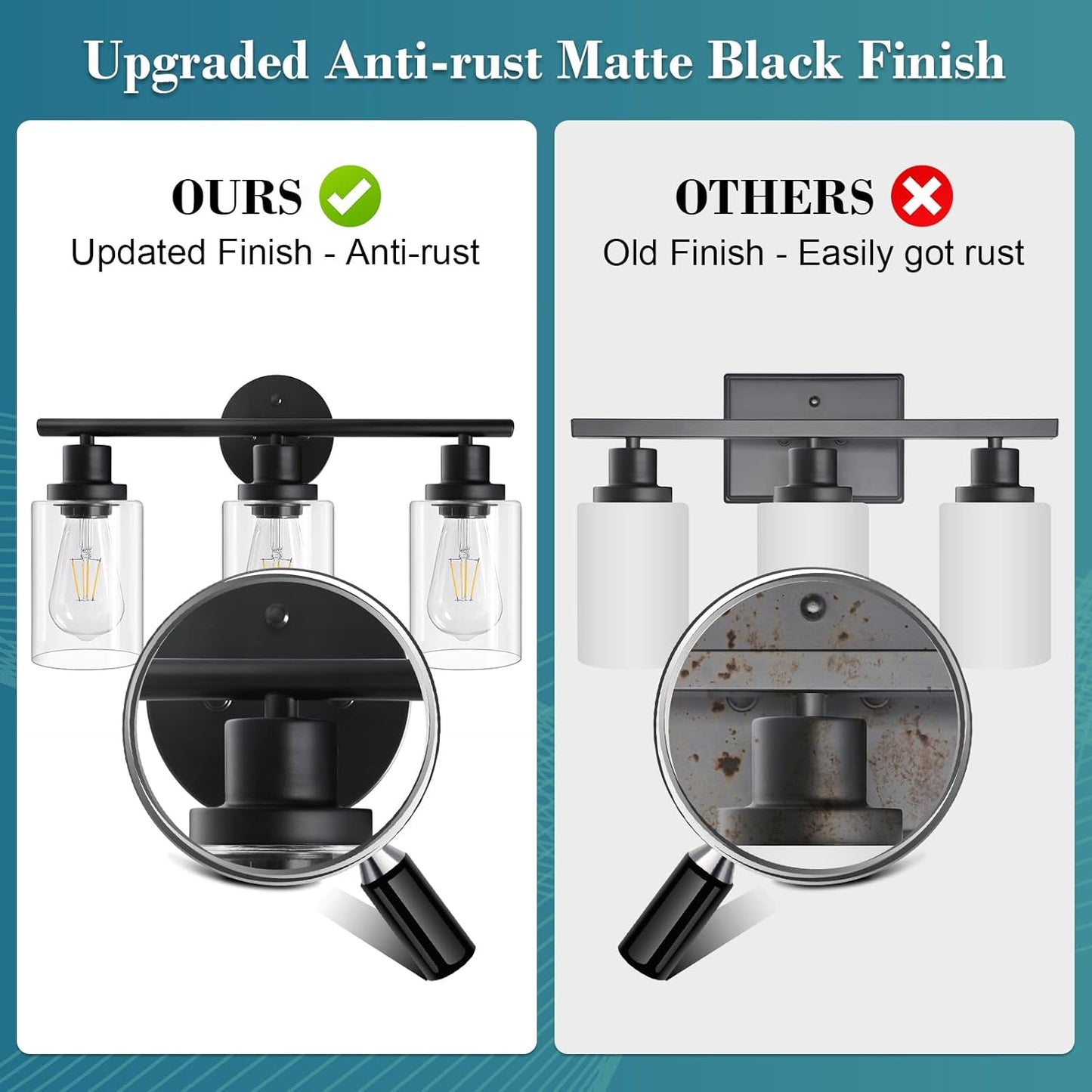 Unicozin Modern Bathroom Light Fixtures, 3 Light Vanity Lights, Black Wall Lamp with Clear Glass for Bathroom, Mirror, Living Room, Bedroom, Hallway, E26 Base