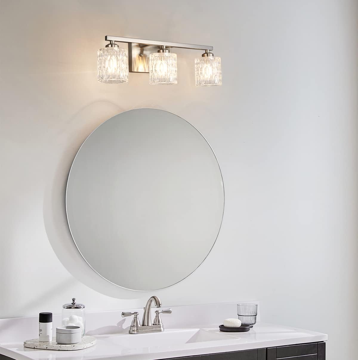 3-Light Crystal Glass Vanity, Brushed Nickel theluminousdecor