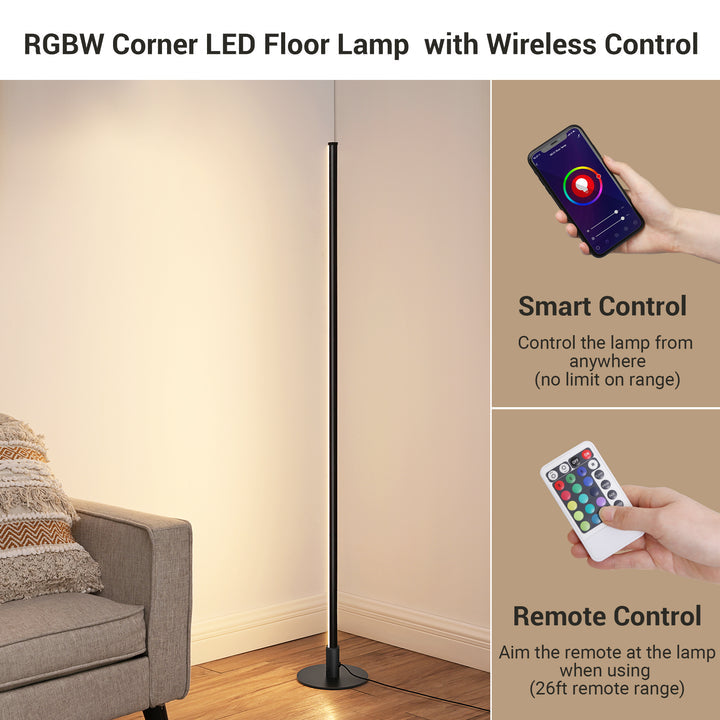 Black RGBW, Mood Lighing, Smart WiFi Dimmable Floor Lamp with App & Remote Control, 1 Pack-HFLK02W