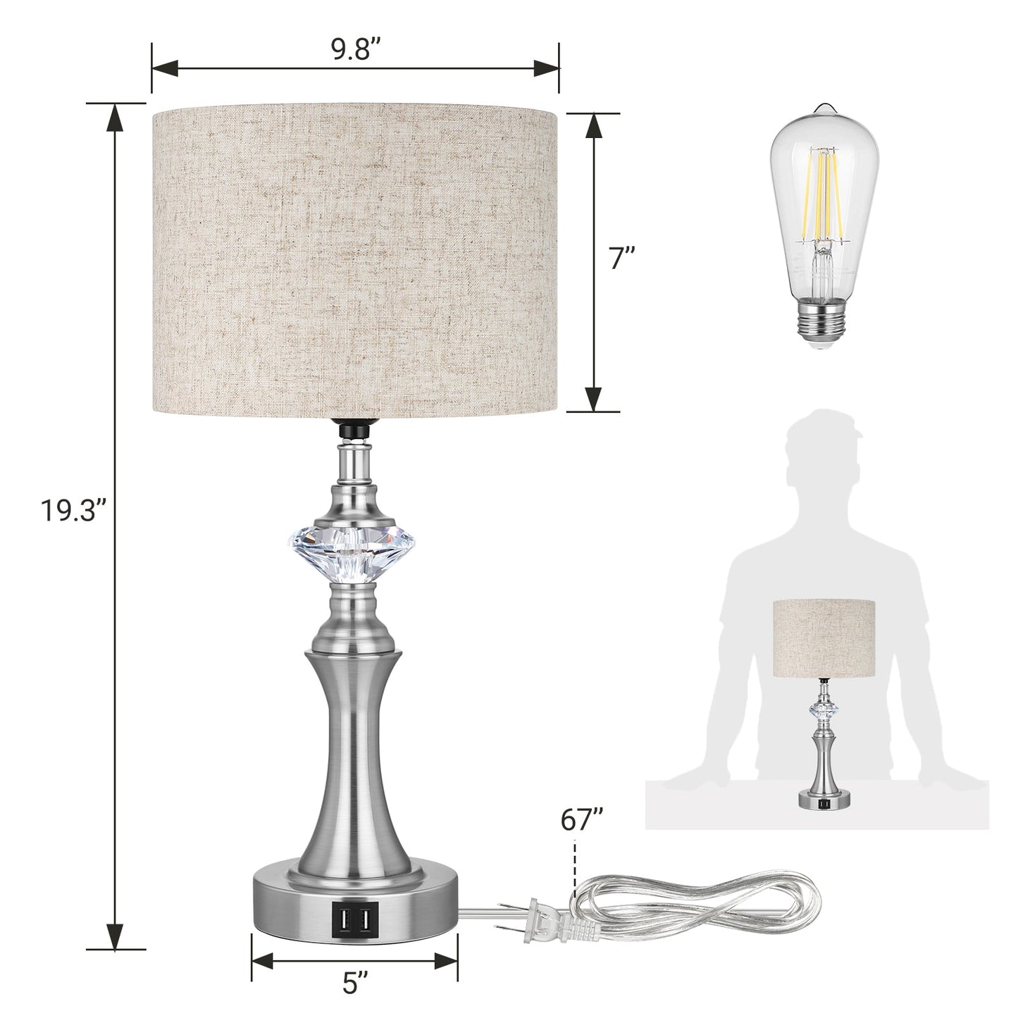 3-Way Dimmable Touch Control Table Lamp with 2 USB Ports, 2 Pack-HLTL06C1