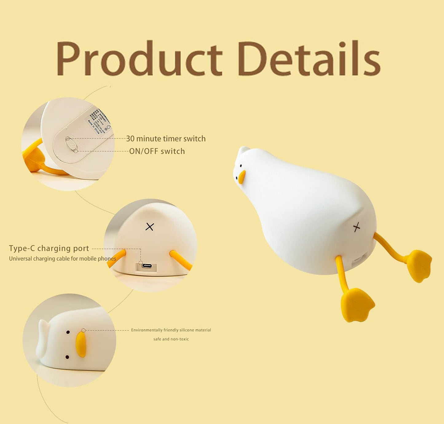 LED Duck Night Light | 3 Level Dimmable | Rechargeable | Cute Design