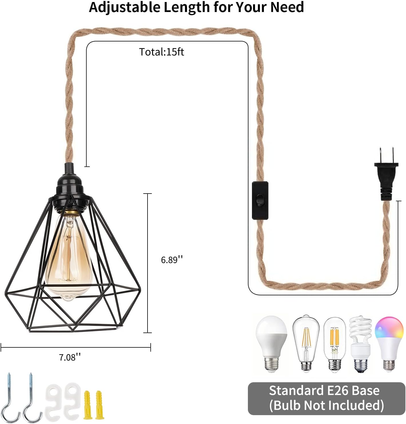 Rustic Hemp Pendant Light, Matte Black theluminousdecor