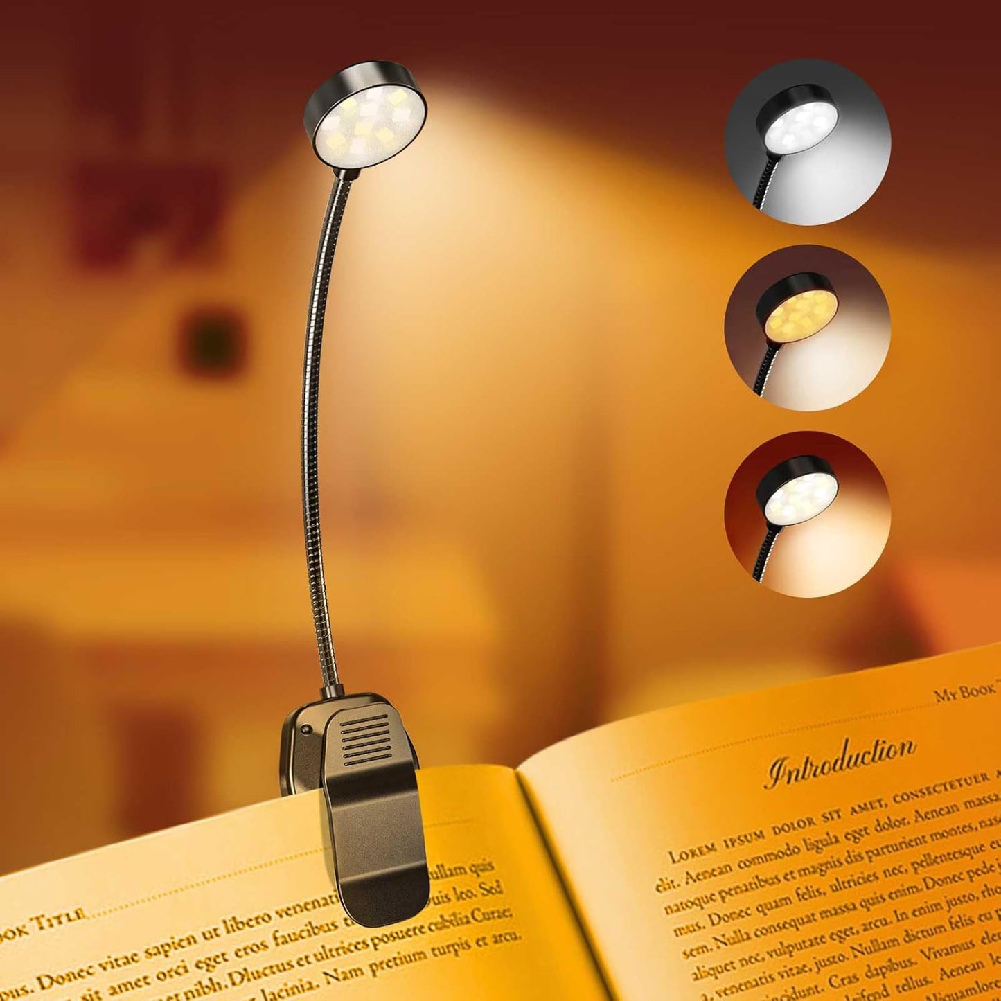 Rechargeable Book Reading Light - Adjustable Brightness, 3 Colors
