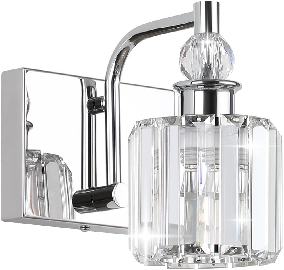 Modern chrome crystal vanity light for stylish bathroom illumination with elegant design and bright lighting.