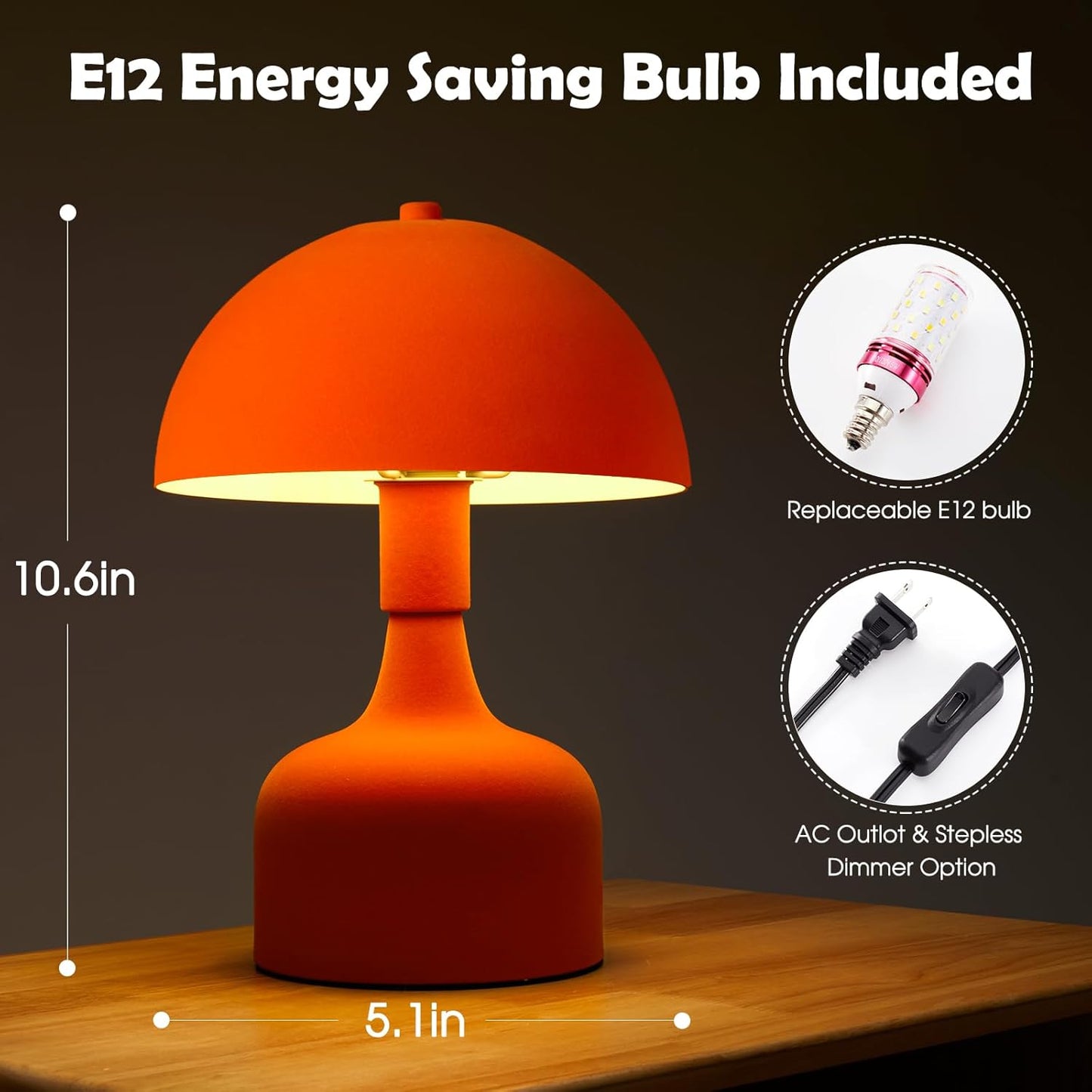 Mushroom Table Lamp - Modern Bedside Lamp, Flocking Shade - Orange