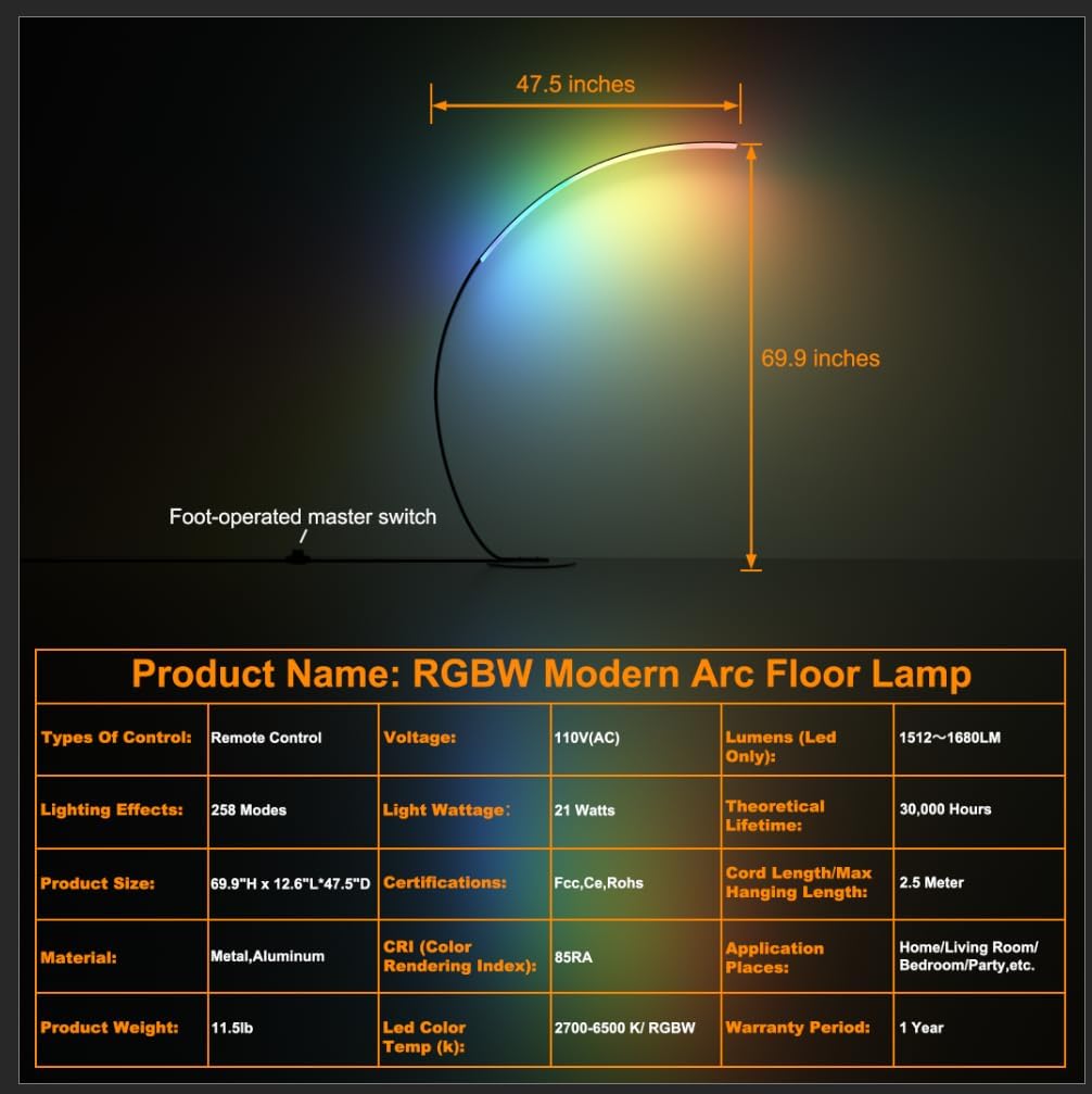 RGBW Modern Arched Standing Floor Lamp | 69.99" | Dimmable