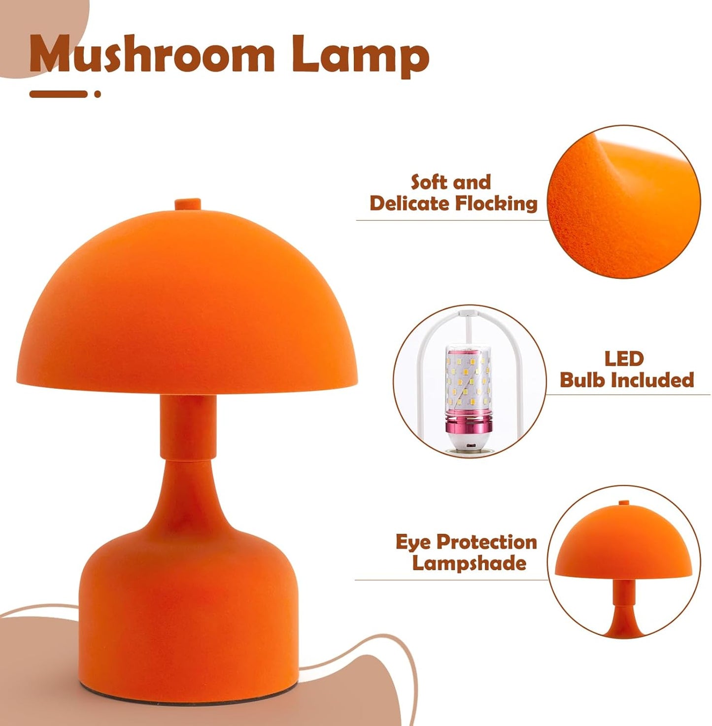 Mushroom Table Lamp - Modern Bedside Lamp, Flocking Shade - Orange
