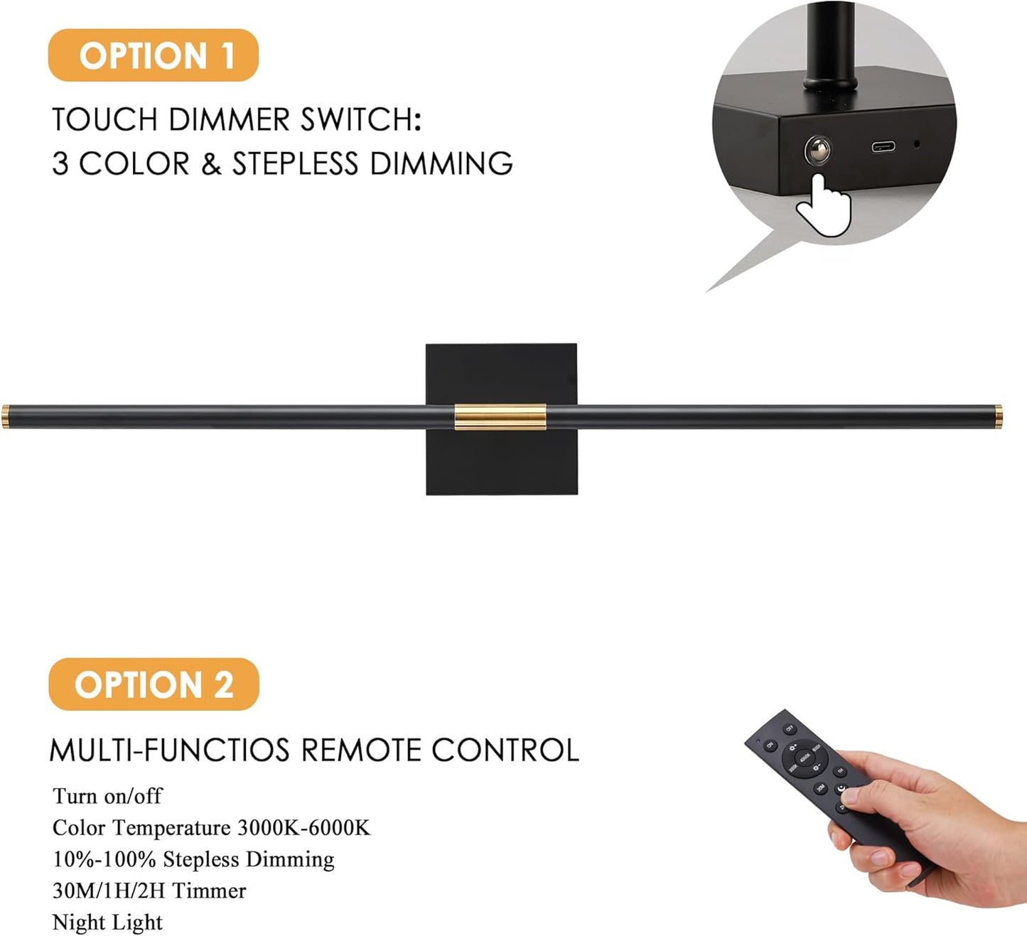 Rechargeable Wall Sconces - 2 Pack, Black & Gold, Remote Control