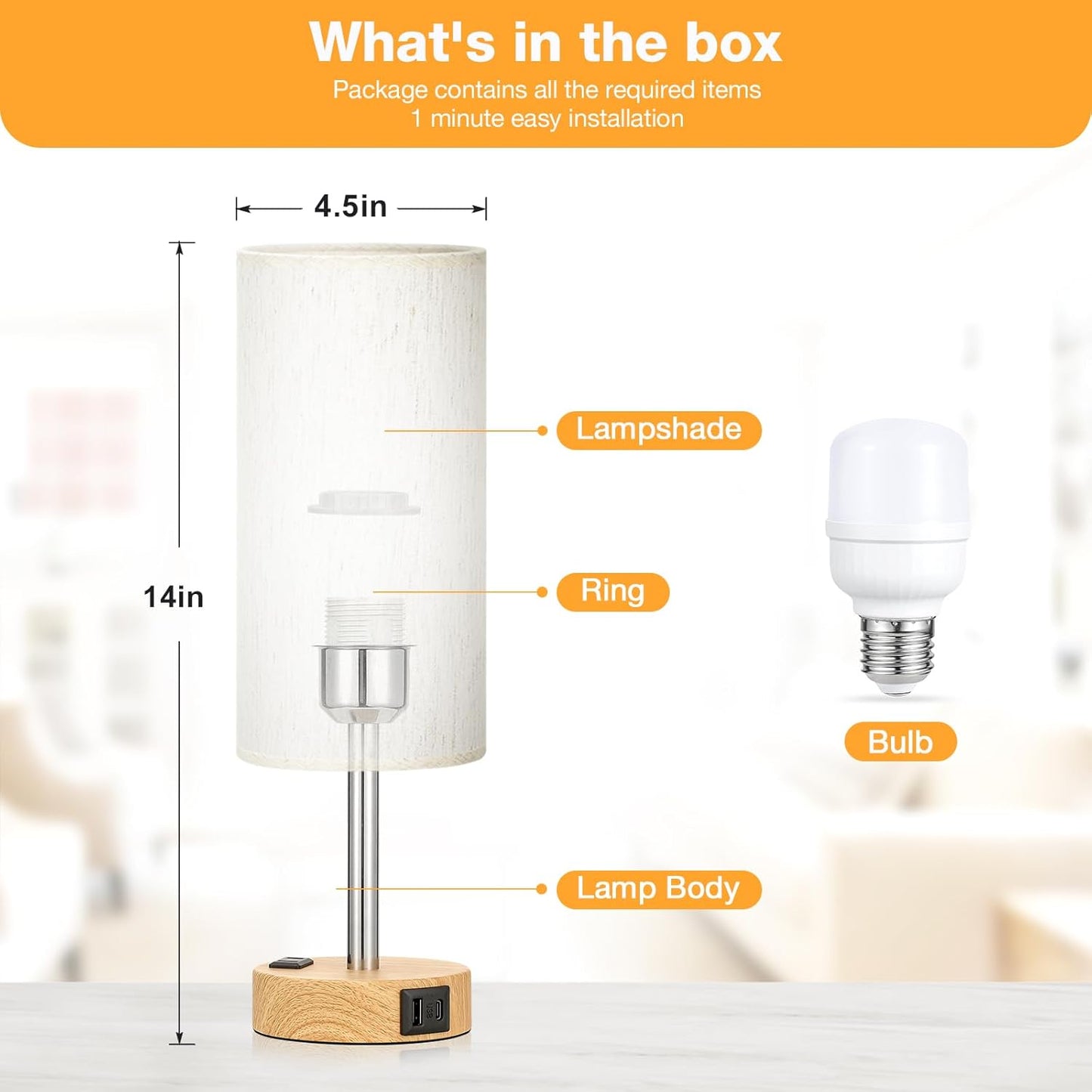 Bedside Table Lamp - 3 Way Dimmable Touch Lamp, USB Ports, AC Outlet