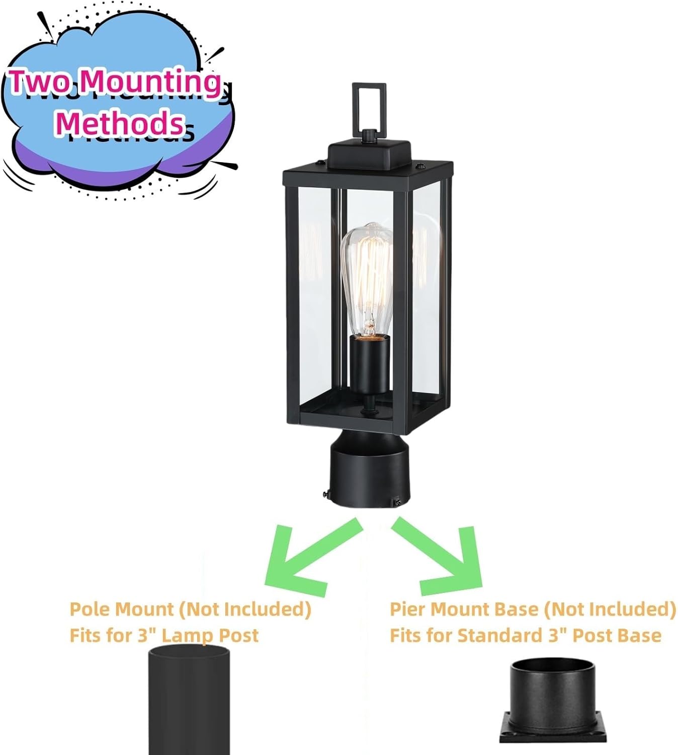 Outdoor Post Light - E26 Base, 60W Max, Metal Housing + Glass