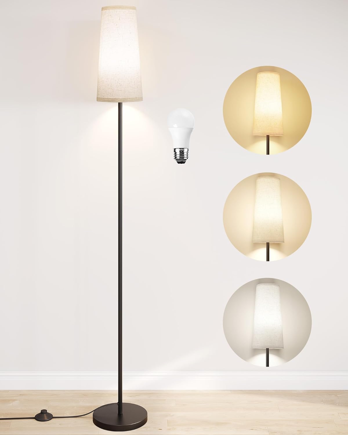Black Floor Lamp with Adjustable LED Bulb - 3 Color Temperatures