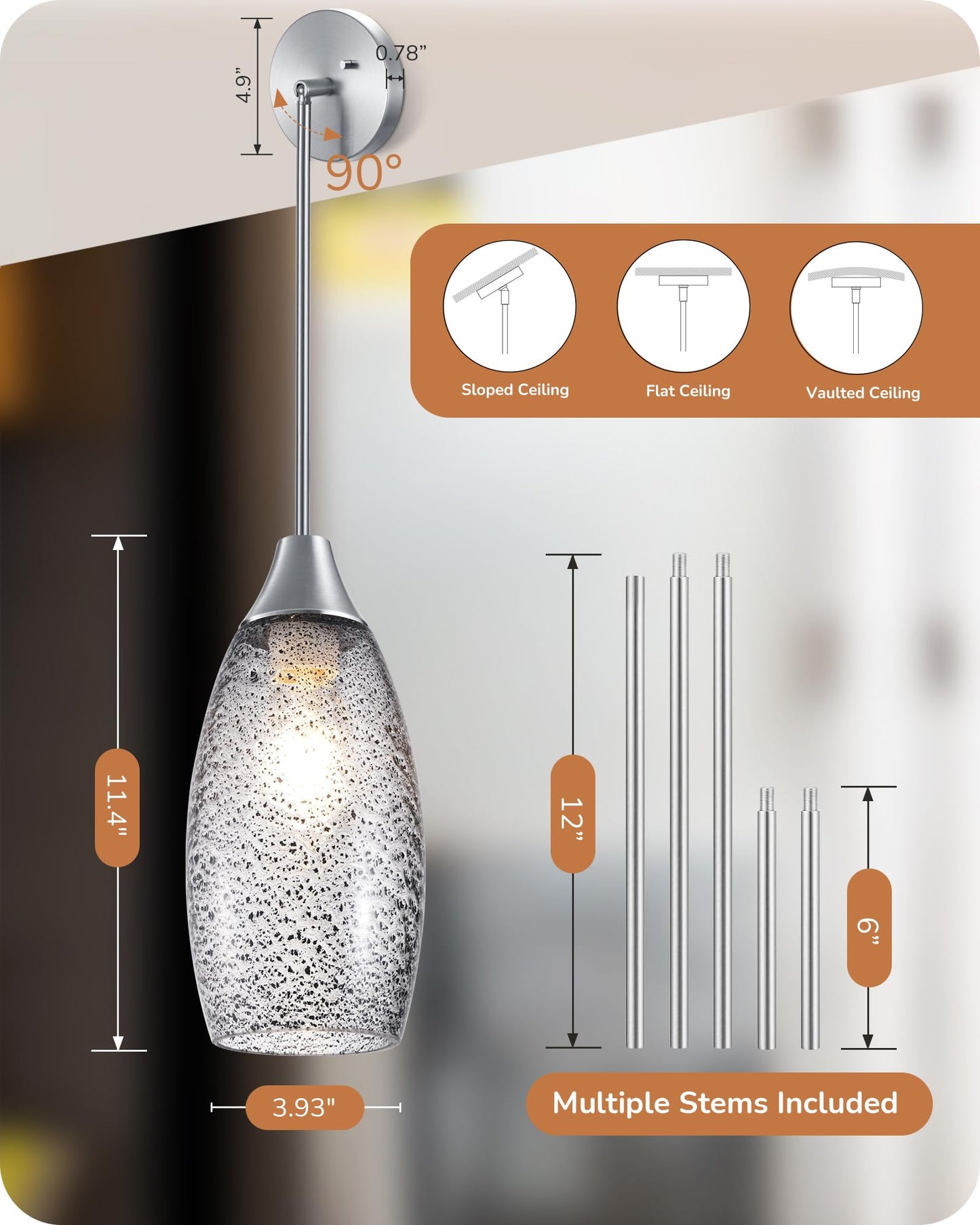 Handcrafted Art Glass Hanging Light, Adjustable Brushed Nickel Rods