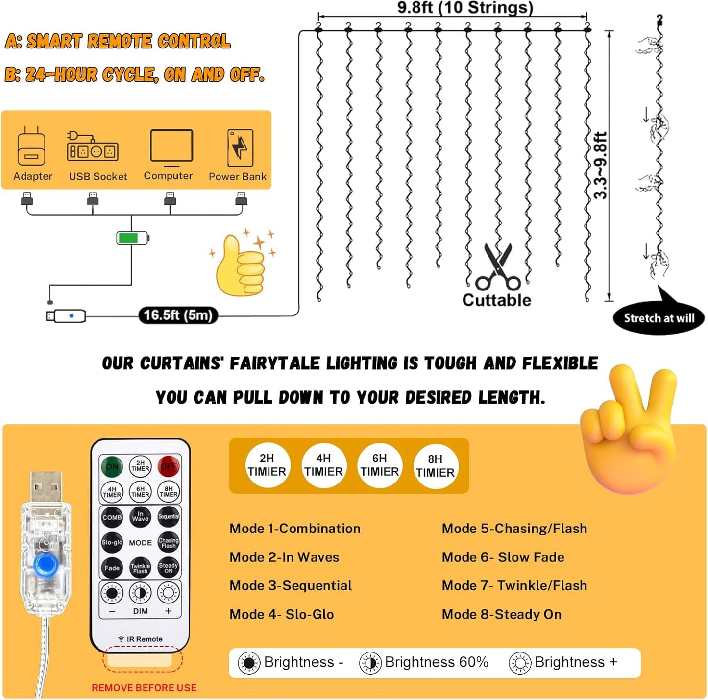 300LED Fairy Curtain Lights 9.8x9.8Ft | 8 Modes | USB Plug | Remote Control
