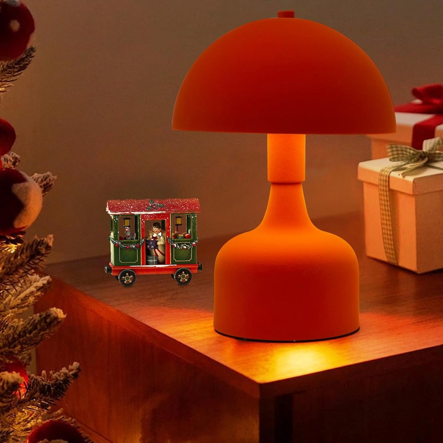 Mushroom Table Lamp - Modern Bedside Lamp, Flocking Shade - Orange