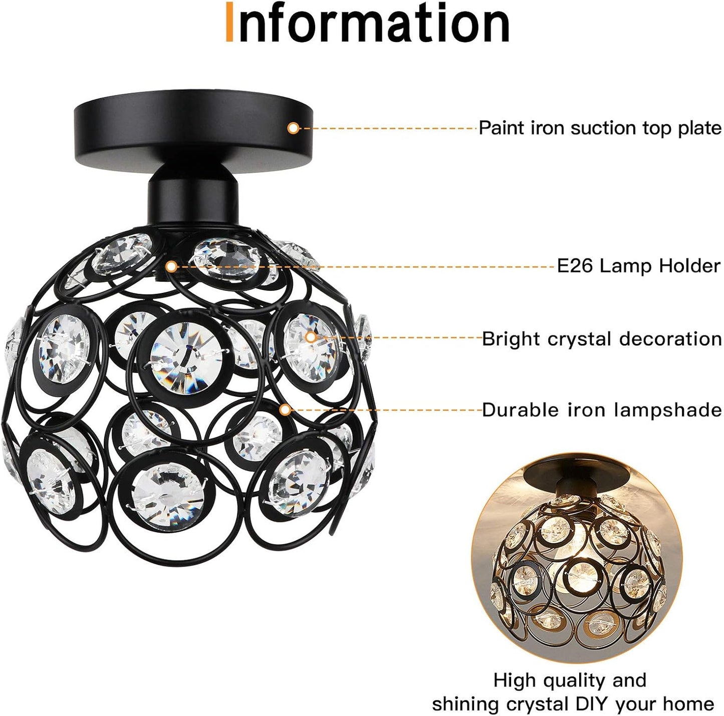 Black Mini Crystal Chandelier - Semi Flush Mount - E26 Base