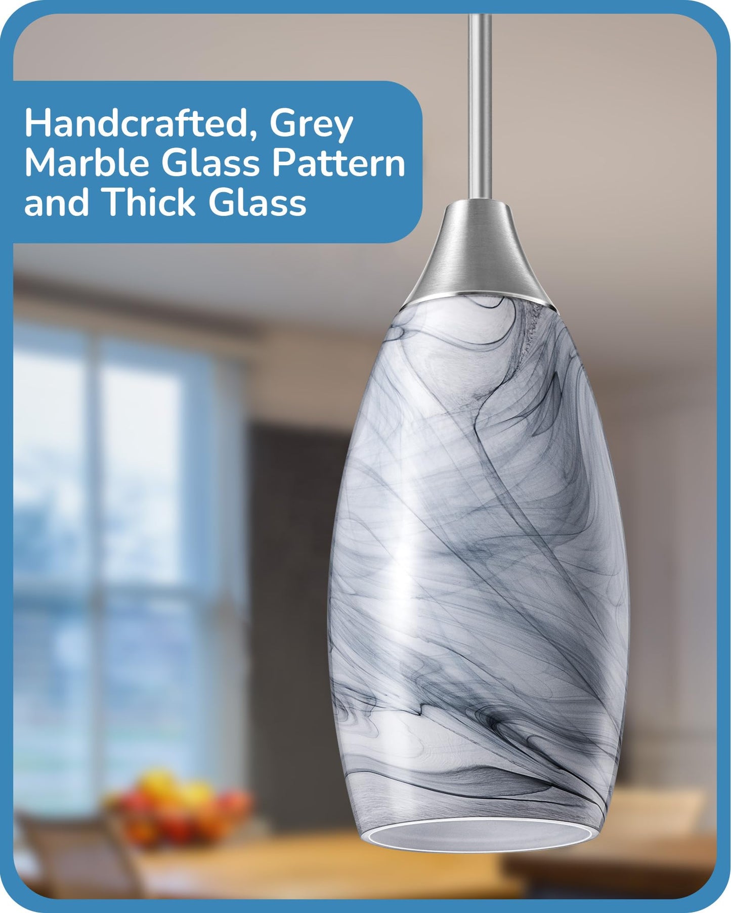 Handcrafted Art Glass Hanging Light, Adjustable Brushed Nickel Rods