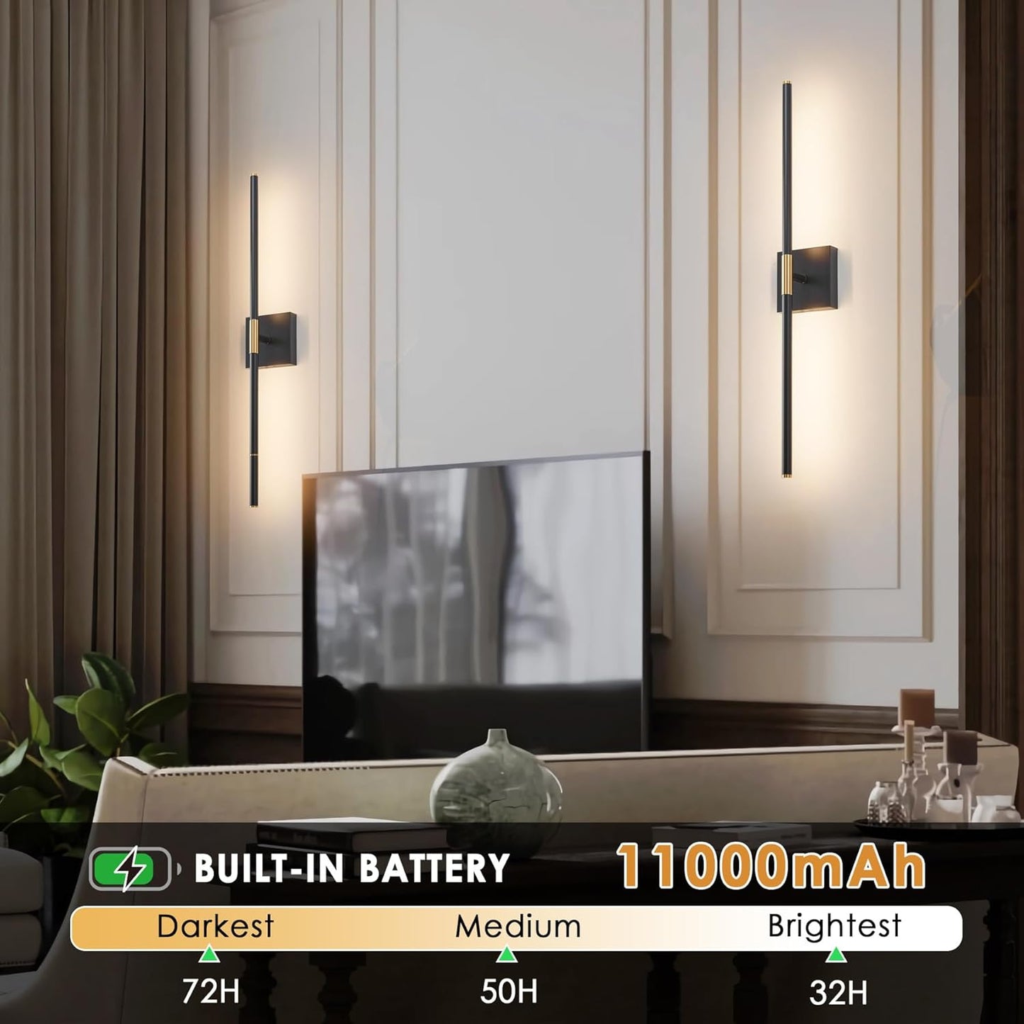 Rechargeable Wall Sconces - 2 Pack, Black & Gold, Remote Control