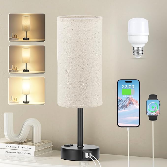 Bedside Table Lamp - 3 Way Dimmable Touch Lamp, USB Ports, AC Outlet
