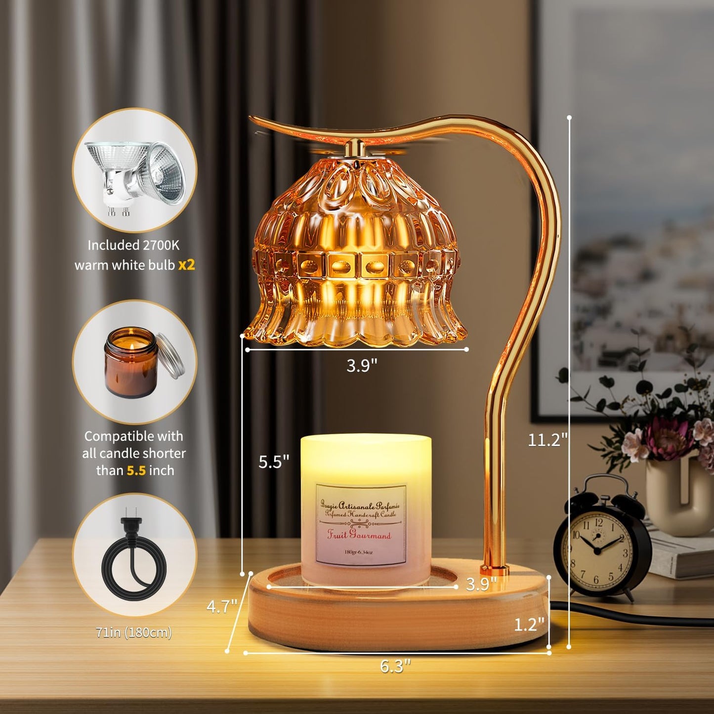 Vintage Flower Candle Warmer Lamp with Timer - Dimmable - Clear
