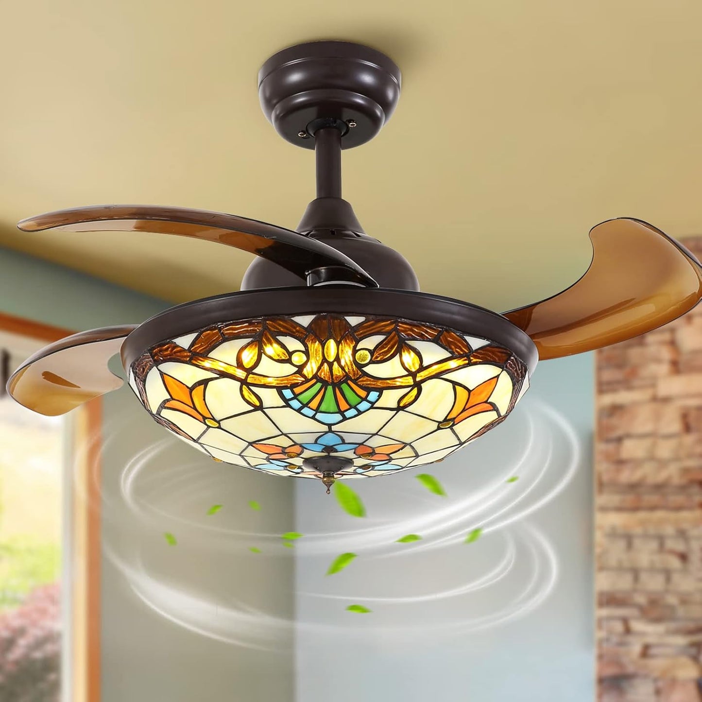36" Tiffany Style Retractable Ceiling Fan with Light & Remote