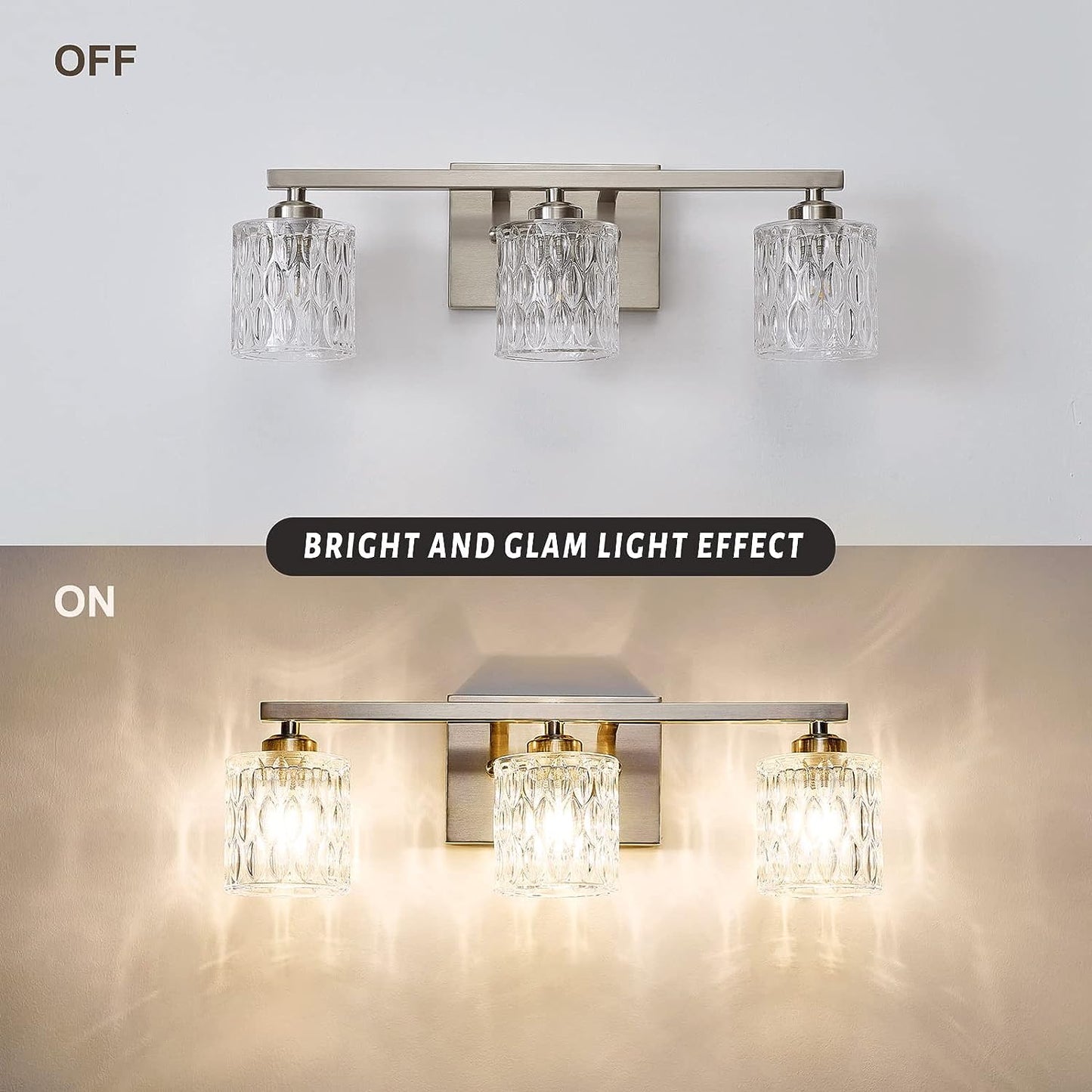 3-Light Crystal Glass Vanity, Brushed Nickel theluminousdecor