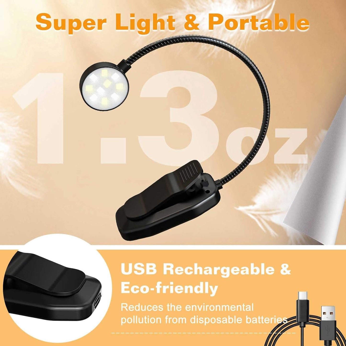 Rechargeable Book Reading Light - Adjustable Brightness, 3 Colors