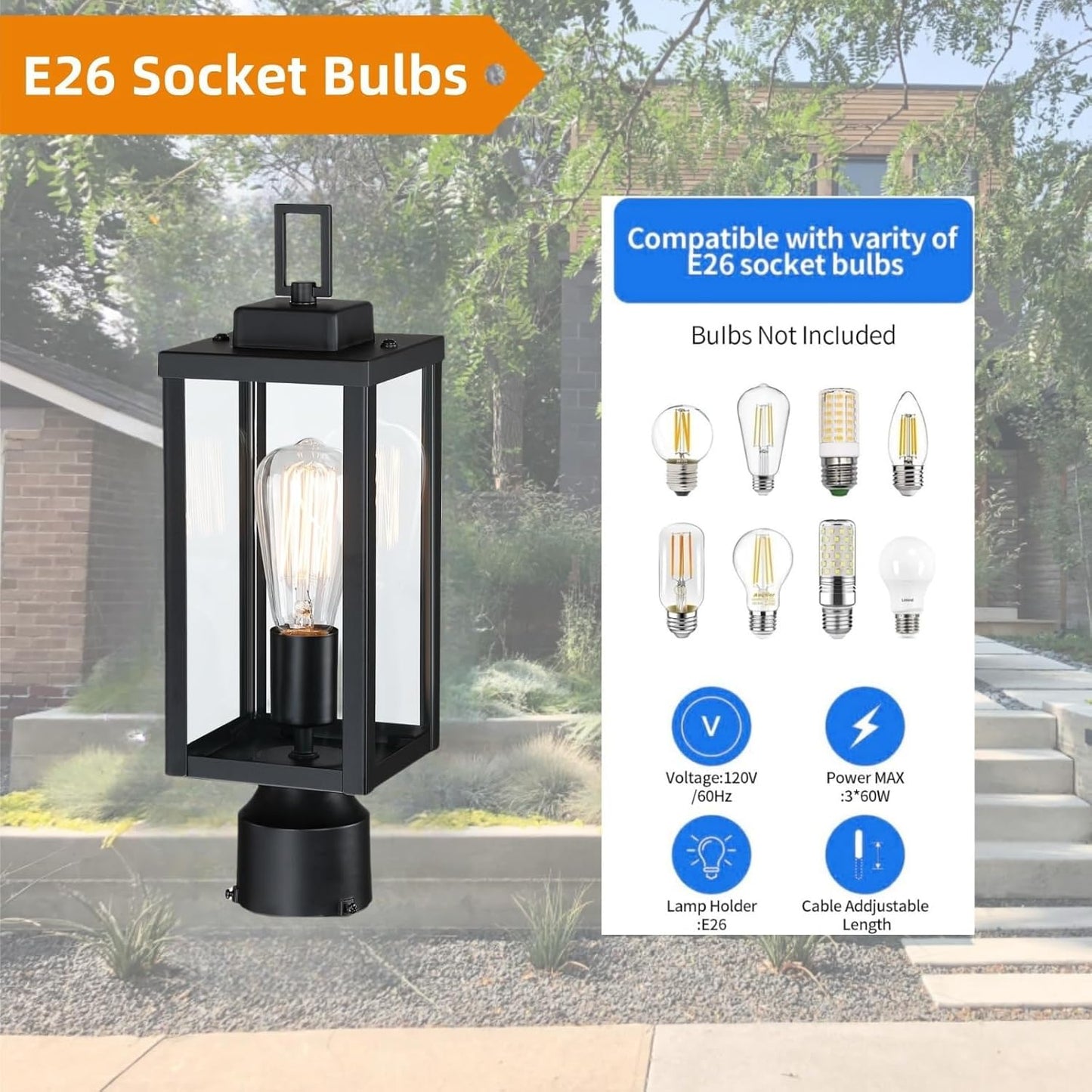 Outdoor Post Light - E26 Base, 60W Max, Metal Housing + Glass