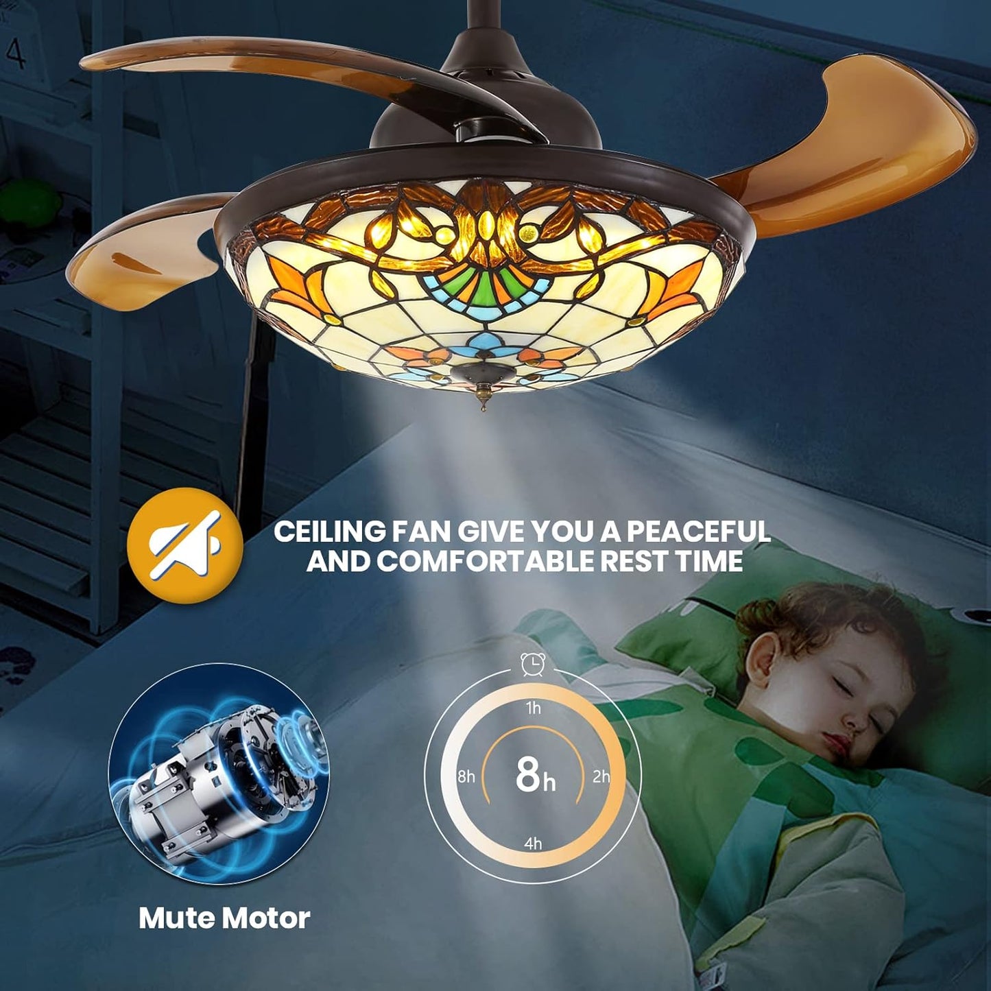 36" Tiffany Style Retractable Ceiling Fan with Light & Remote