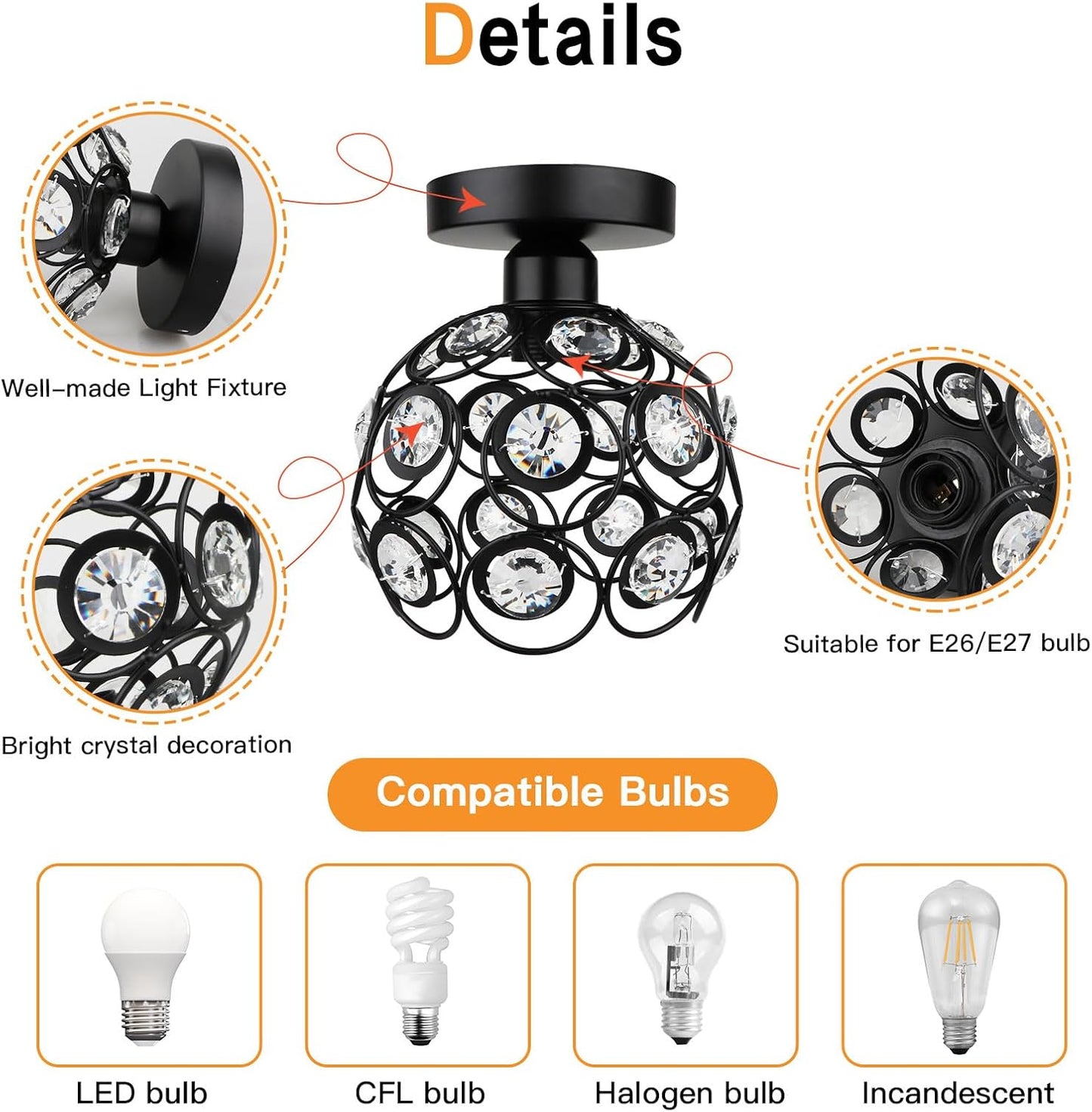 Black Mini Crystal Chandelier - Semi Flush Mount - E26 Base