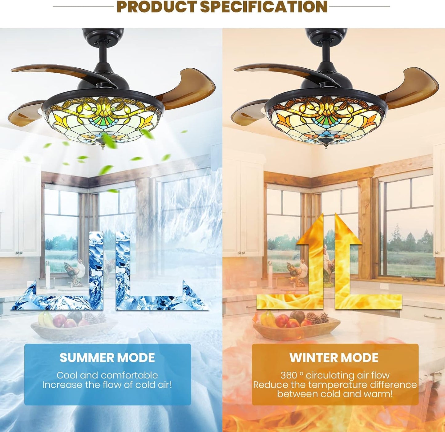 36" Tiffany Style Retractable Ceiling Fan with Light & Remote