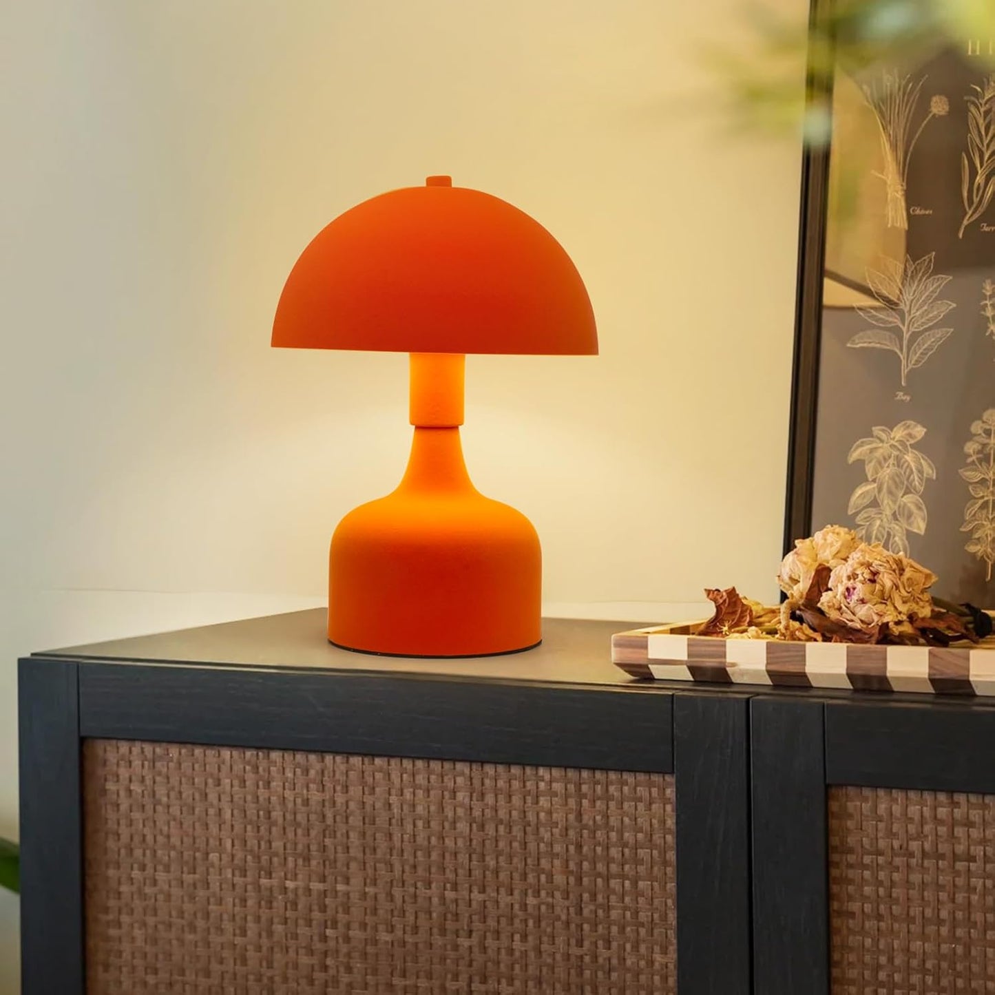 Mushroom Table Lamp - Modern Bedside Lamp, Flocking Shade - Orange