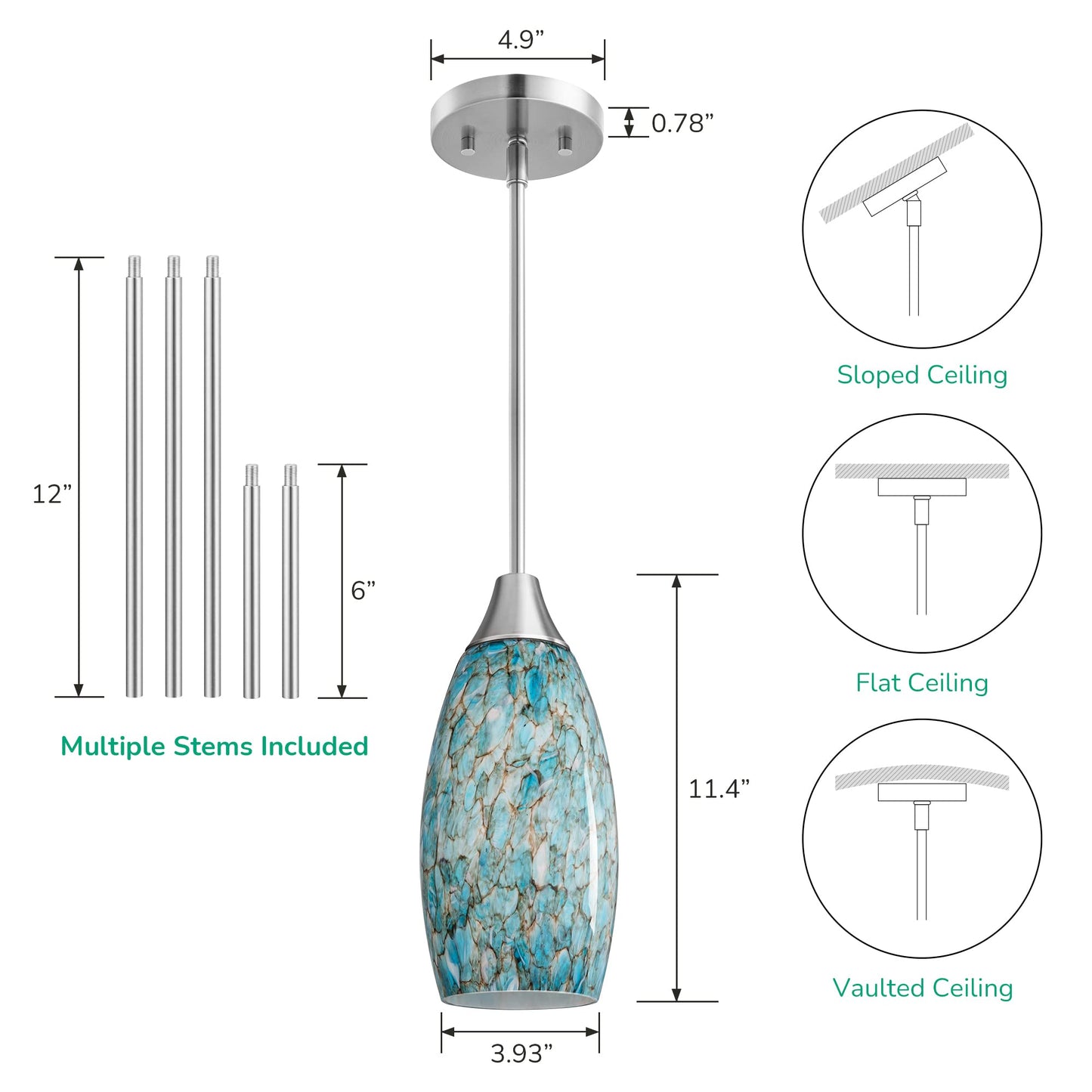 Handcrafted Art Glass Hanging Light, Adjustable Brushed Nickel Rods