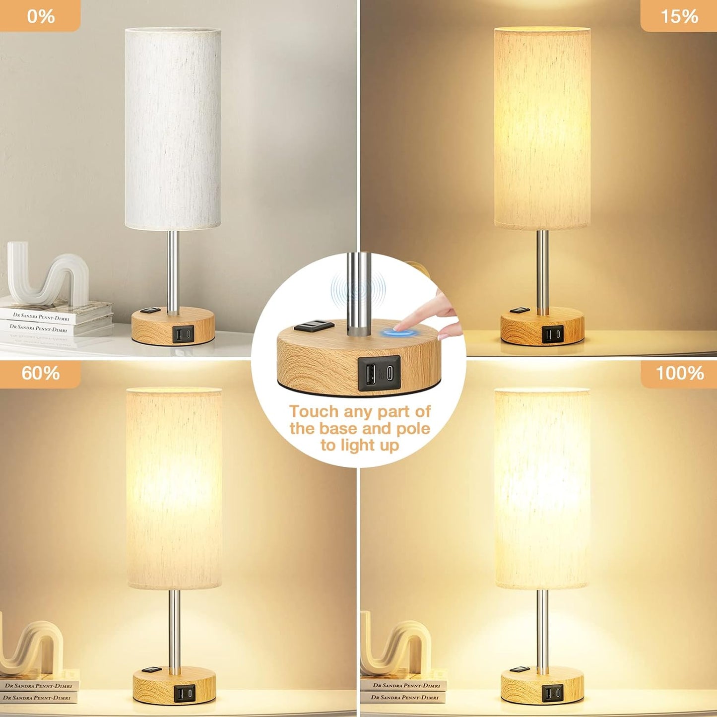 Bedside Table Lamp - 3 Way Dimmable Touch Lamp, USB Ports, AC Outlet