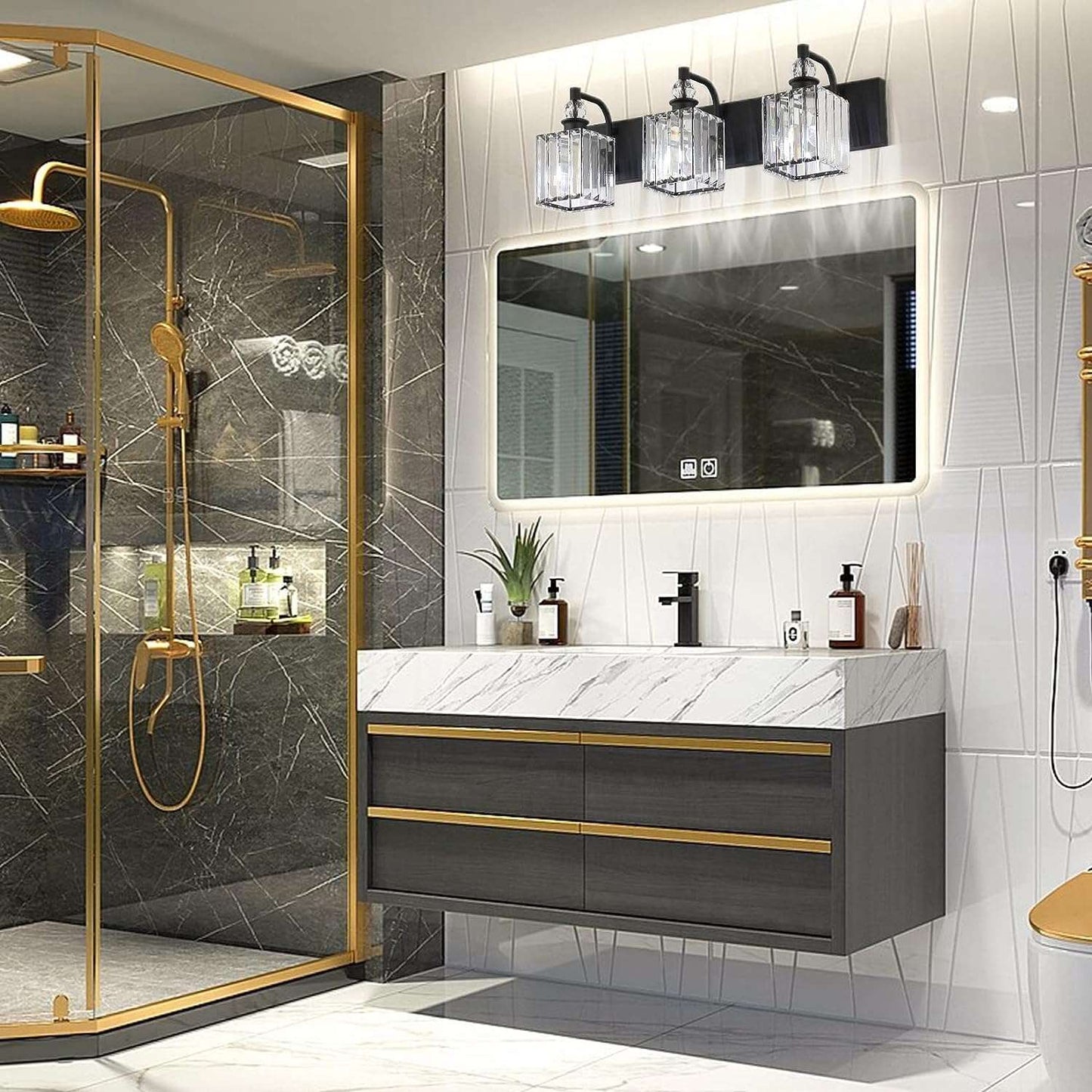 Elevate your bathroom with the Crystal Vanity Light in Matte Black. Stylish and functional bathroom illumination for a modern touch.