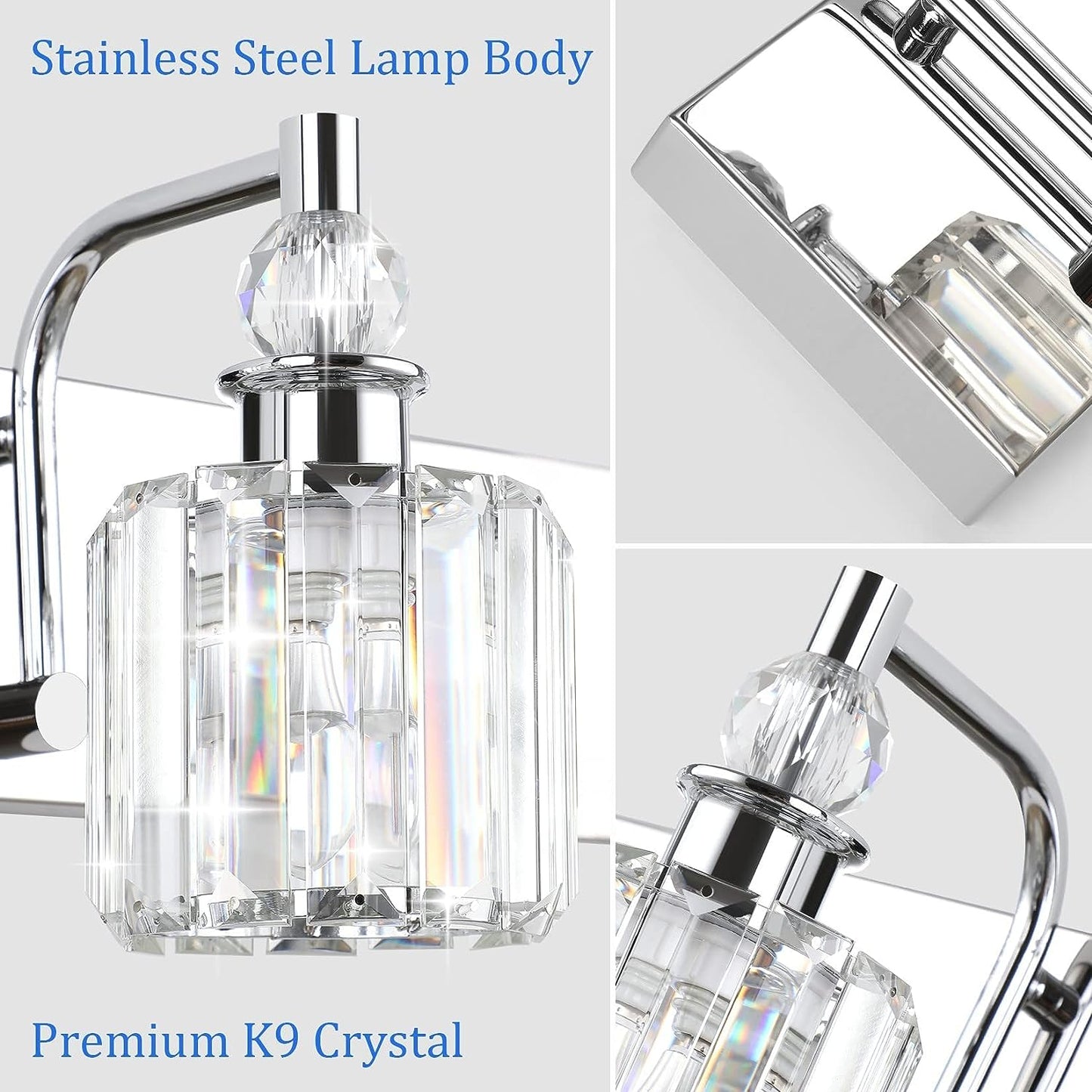 Modern chrome crystal vanity light for stylish bathroom illumination with elegant design and bright lighting.