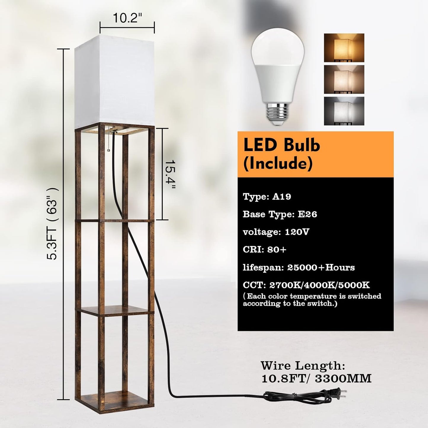 Floor Lamp with Shelves | Modern | Adjustable Color Temp | 8W Bulb