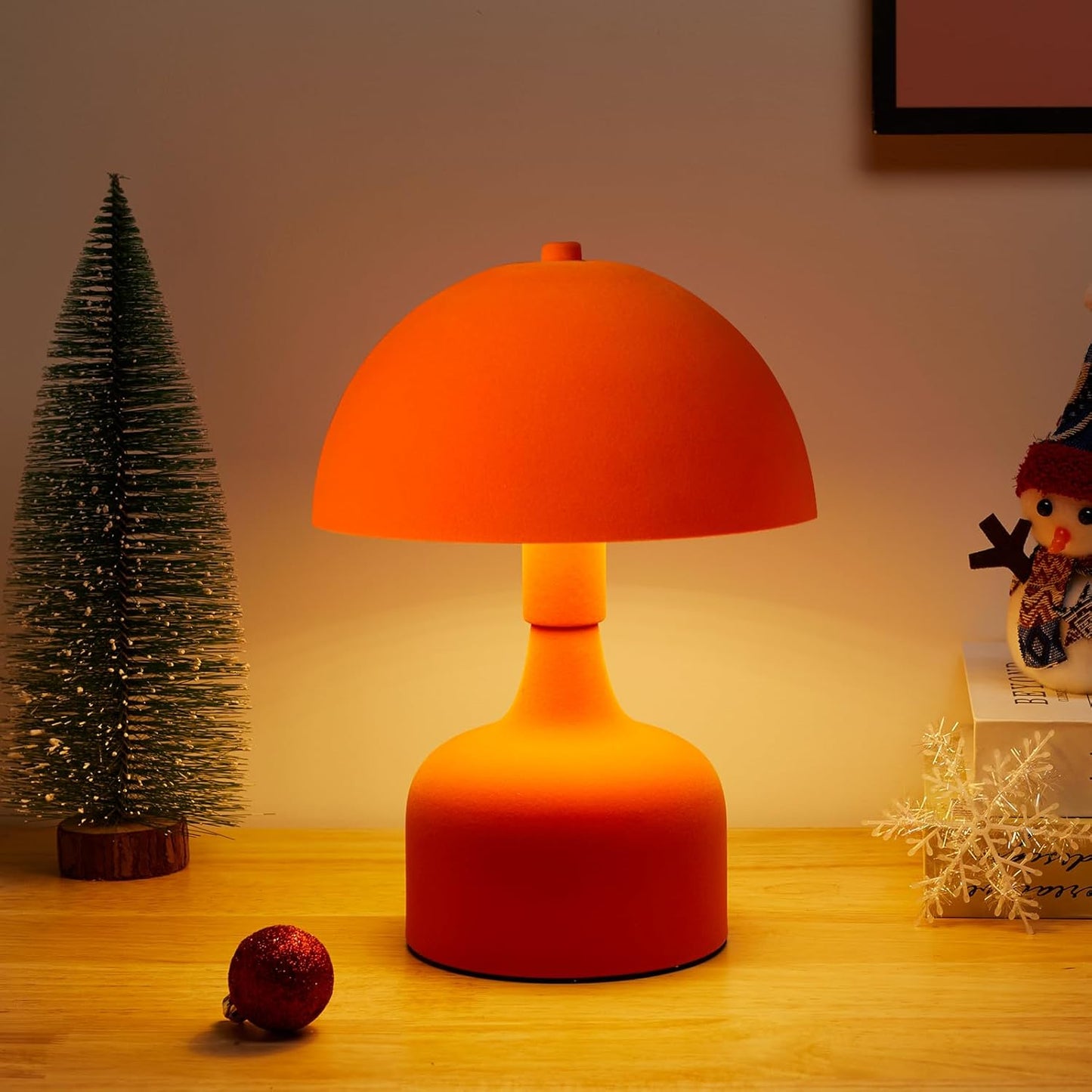 Mushroom Table Lamp - Modern Bedside Lamp, Flocking Shade - Orange
