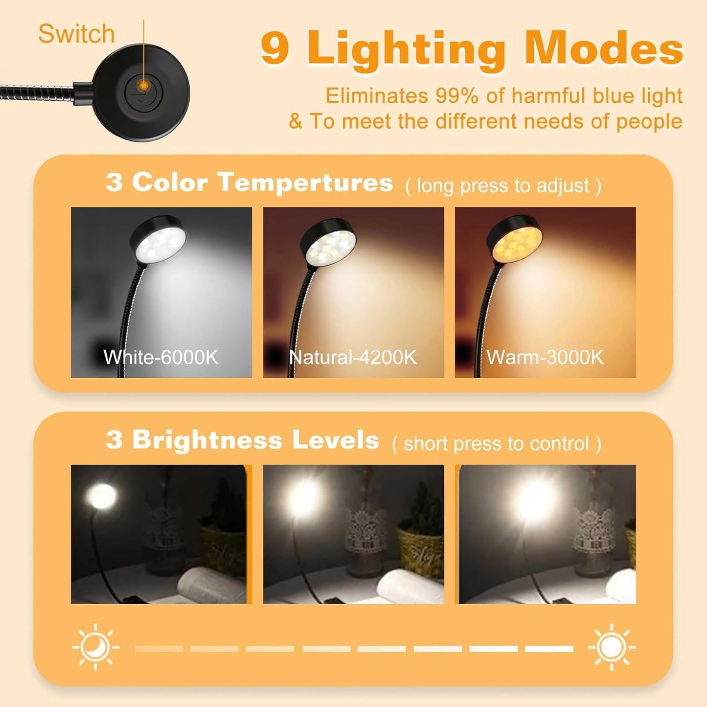 Rechargeable Book Reading Light - Adjustable Brightness, 3 Colors