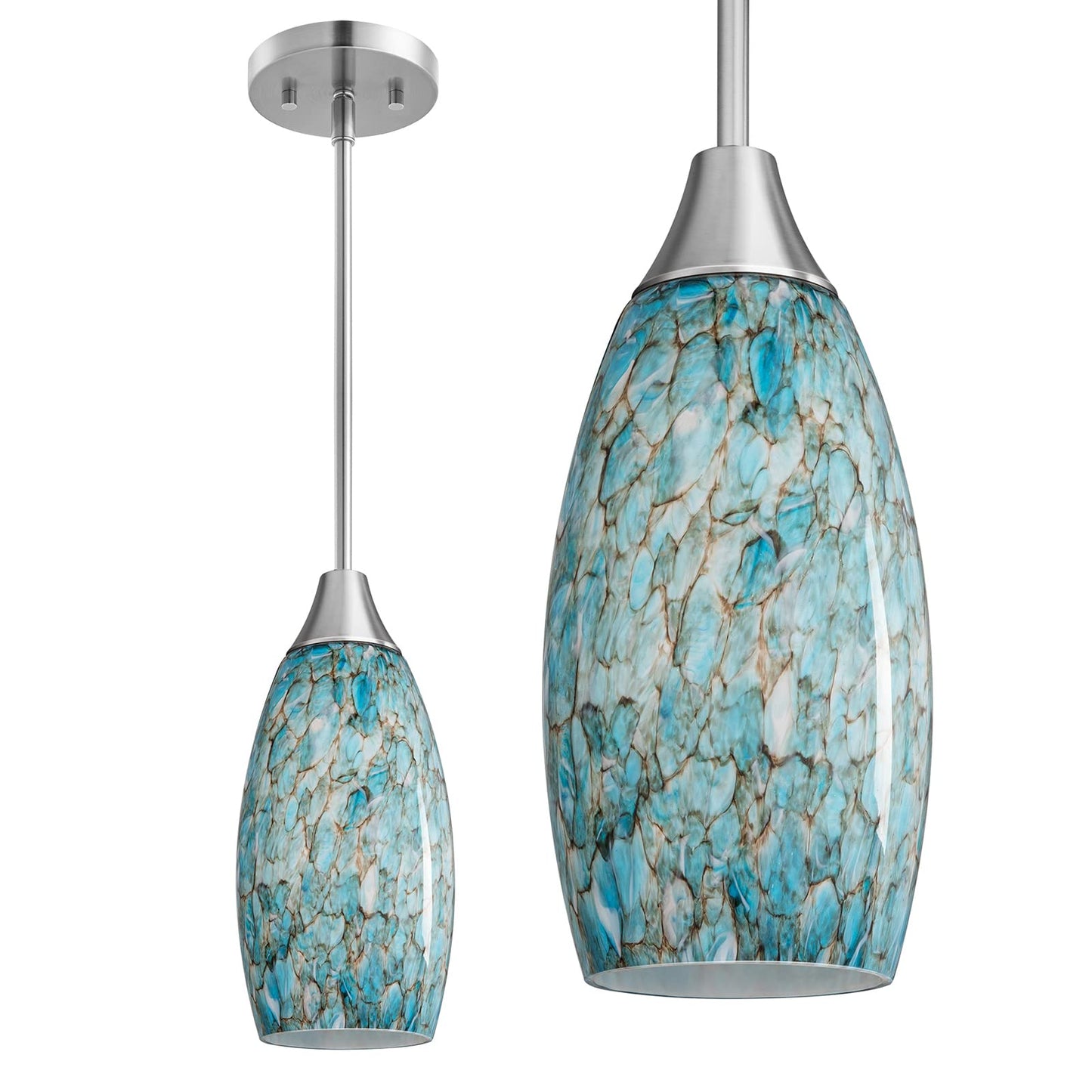 Handcrafted Art Glass Hanging Light, Adjustable Brushed Nickel Rods