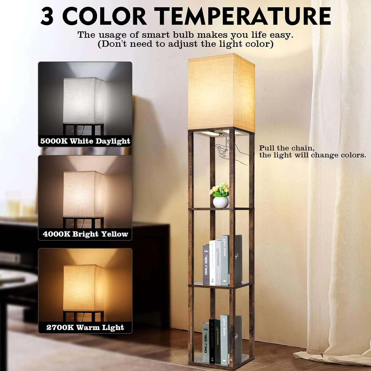 Floor Lamp with Shelves | Modern | Adjustable Color Temp | 8W Bulb