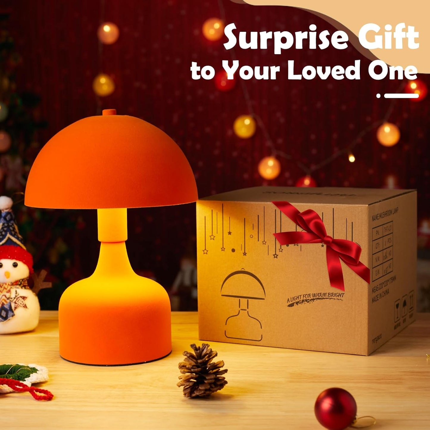 Mushroom Table Lamp - Modern Bedside Lamp, Flocking Shade - Orange
