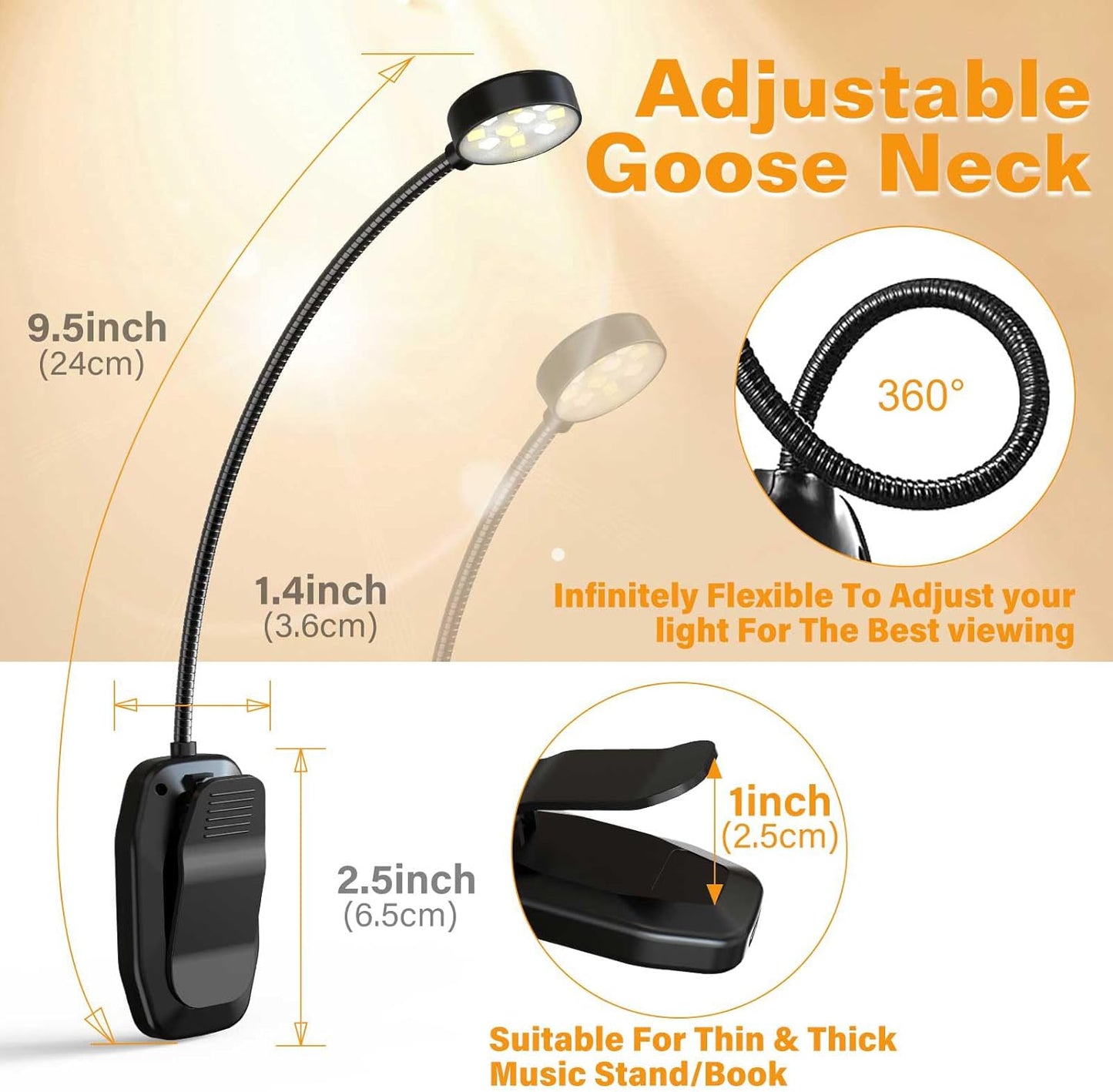 Rechargeable Book Reading Light - Adjustable Brightness, 3 Colors